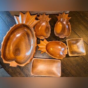 Hand-Carved Wooden Pineapple Bowls Set - Warm Brown